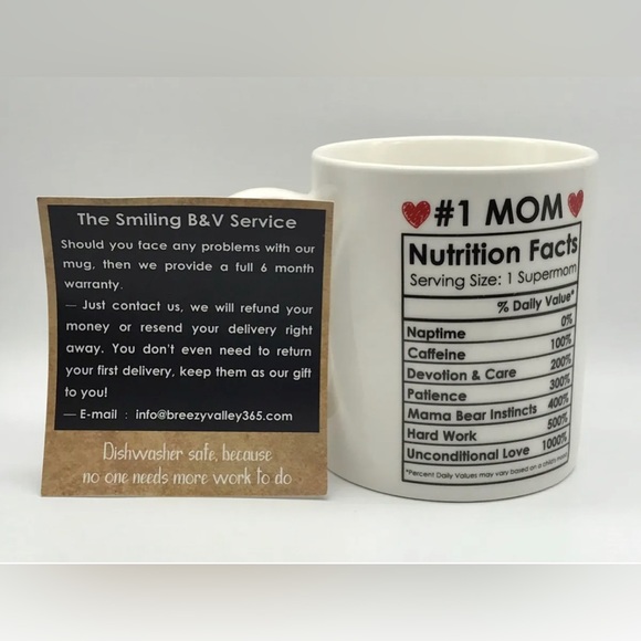 #1 Mom Mug Nutrition Facts Breezy Valley Coffee Ceramic Cup Special Gift - New - Picture 2 of 6